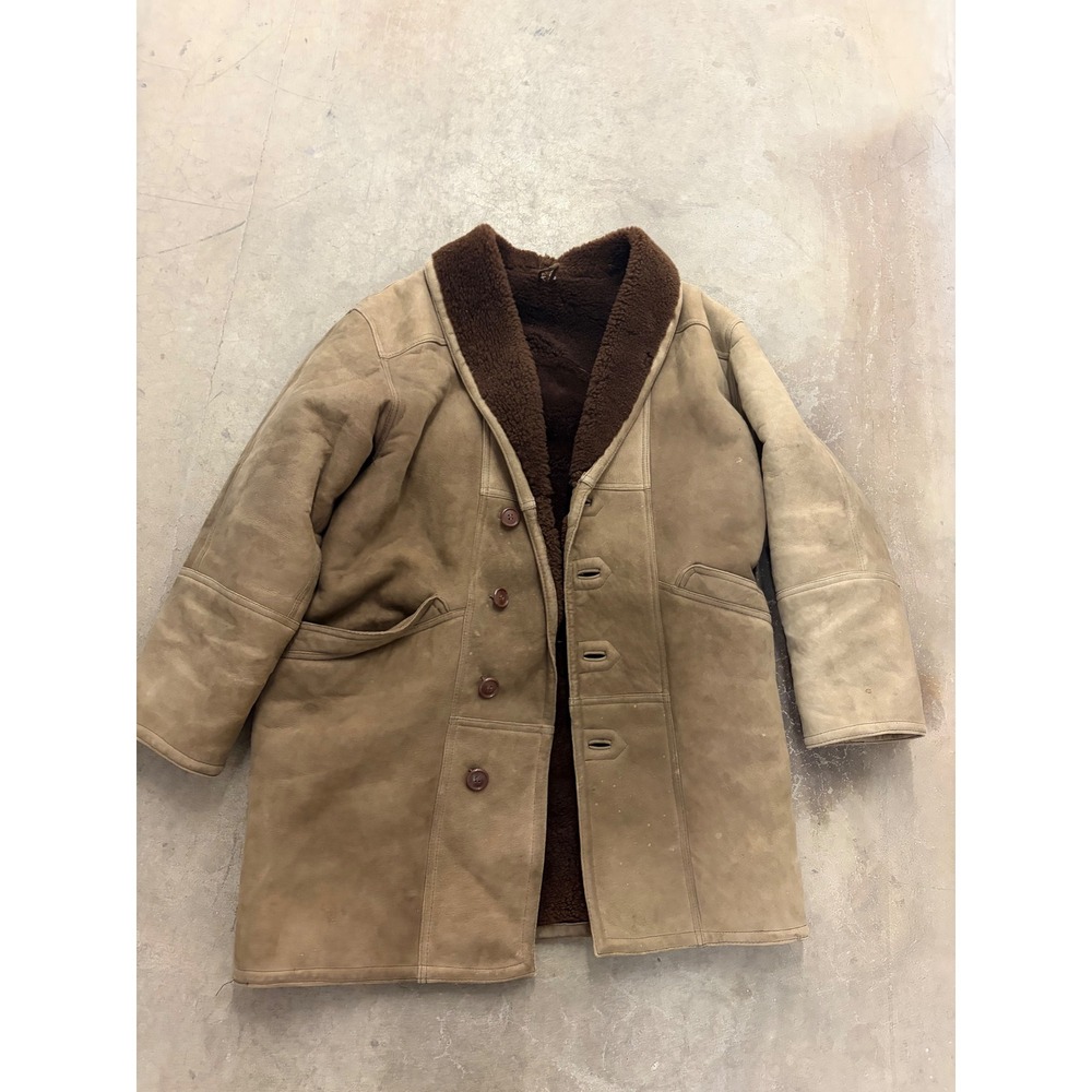 Vintage Vidra Genuine Sheepskin Shearling Coat Tan Brown Suede Men XL
